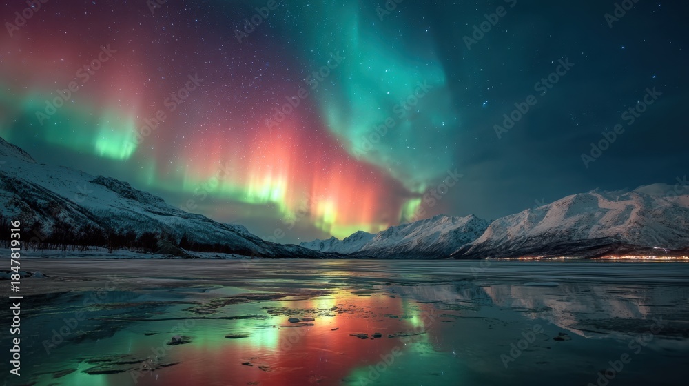 Naklejka premium Aurora borealis over a frozen lake at night. Northern light phenomenon illuminating the sky for travel, nature, and winter beauty.