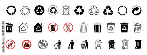 Recycle icon and trash symbol. Collection of recycling symbols and trash cans. Bin icon set. Trash can collection. Vector illustration of recycling sign. 