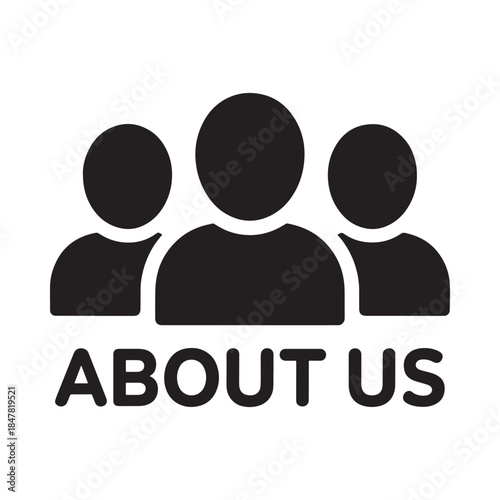 Simple black icon depicting three people with the text about us