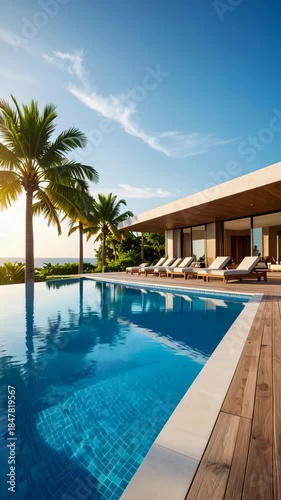 Wallpaper Mural Luxury tropical villa with swimming pool, palm trees, and stunning ocean views on a sunny day for an idyllic vacation. Torontodigital.ca