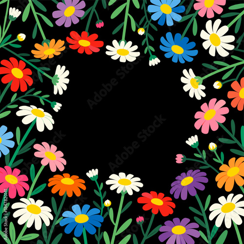 [Vector EPS]Colorful Daisies Arranged in a Circular Frame on Black Background