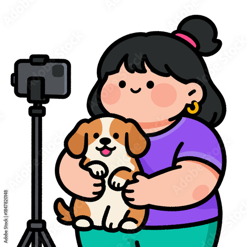 [Vector EPS]Woman holding a dog and taking a selfie with a camera