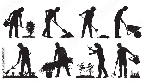 Gardener Silhouettes in Various Gardening Activities with Simple Black Silhouette Style for Agriculture and Horticulture