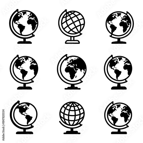 [Vector EPS]Set of black and white globe icons representing different views of the world