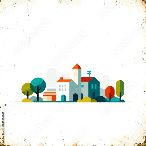 [Vector EPS]Flat style illustration of a small town with colorful buildings and trees