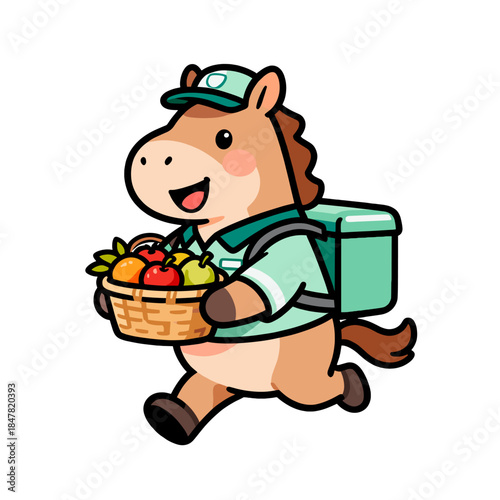 [Vector EPS]Cute horse delivering fresh fruits with a basket