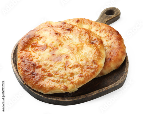 Two delicious Megrelian khachapuris isolated on white