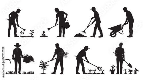 Gardener Silhouettes in Various Gardening Activities with Simple Black Illustrations for Landscaping and Horticulture