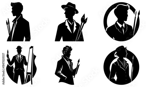 Silhouettes of people with paintbrushes and easels on white background artist