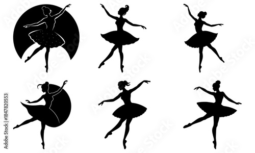 Ballerina silhouettes in various dance poses with transparent background ballet dancer