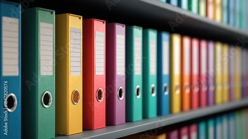 Row of colorful ring binders on a shelf. Document organization and storage concept for school, office, or home. Administrative data management.