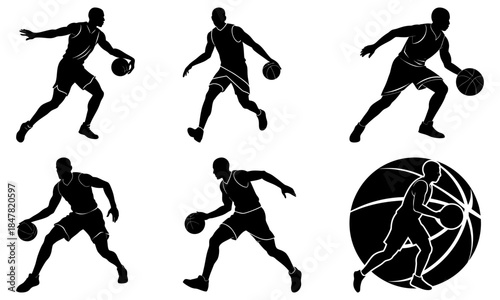 Basketball Players Silhouettes with Basketballs on White Background sports action