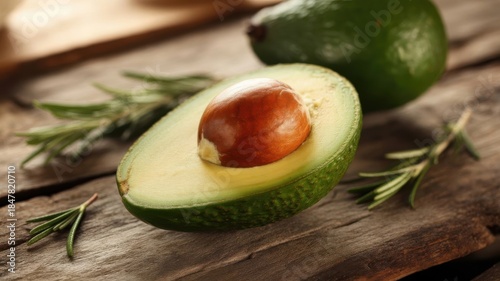 Fresh avocado halved on wooden board
