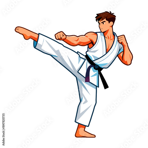 [Vector EPS]Karate practitioner performing a high kick in traditional uniform