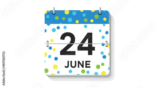 A vibrant wall calendar illustration displaying the date June twenty-fourth, marked by an array of colorful polka dots on a bright white and blue