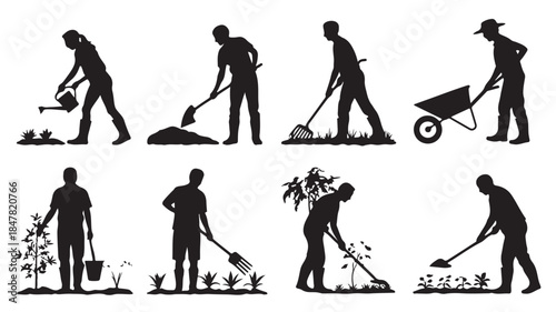 Gardener Silhouettes in Various Gardening Activities with Black and White Illustration Style for Agricultural or Horticultural Use