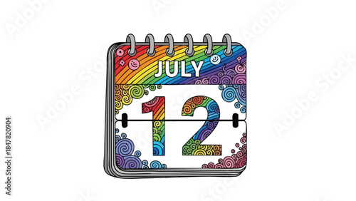 Colorful artistic rendering of a calendar page displaying July 12, adorned with a joyful rainbow stripe and elaborate abstract swirl motifs across
