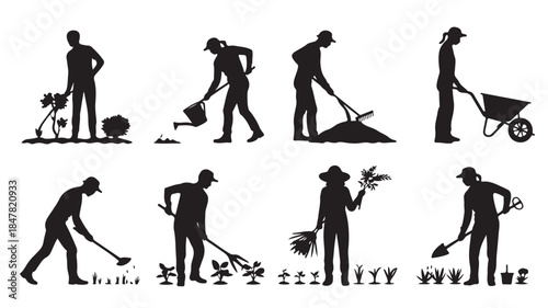 Gardener Silhouettes in Various Gardening Activities with Simple Black Illustration Style for Agricultural Website Design