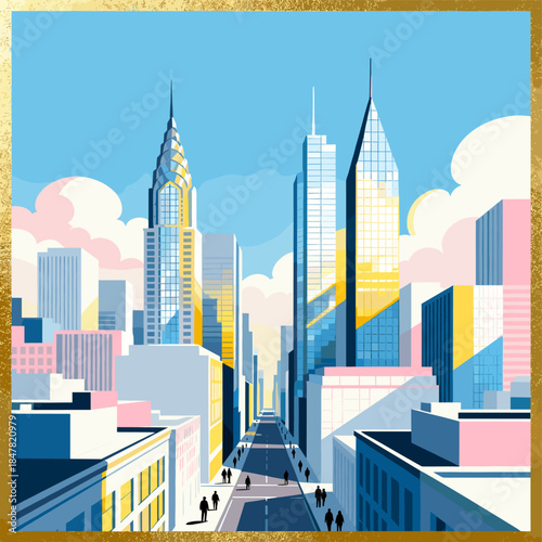 [Vector EPS]Vibrant Urban Skyline with Modern Skyscrapers and Clear Blue Sky