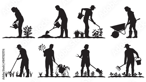 Gardener Silhouettes in Various Gardening Activities with Gardening Tools in Simple Black Illustration for Landscaping