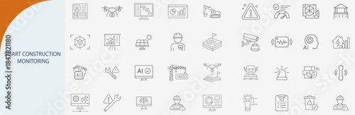 “smart construction monitoring icon set, minimal vector design for site automation and safety analytics”