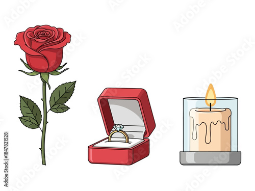 A red rose open ring box with a diamond ring and a lit candle in a glass holder