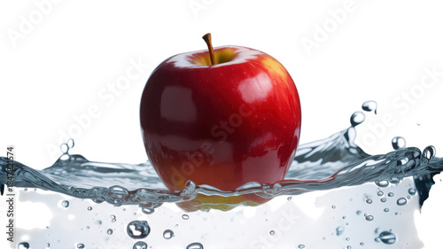 A red apple is floating in a pool of water. The apple is in the middle of the water and is surrounded by ripples
