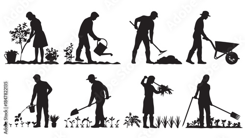 Gardener Silhouettes in Various Activities with Gardening Tools in Simple Black Illustration for Agriculture