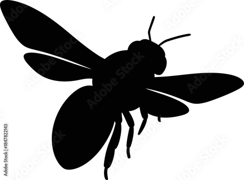Black Silhouette of a Flying Bee Isolated on White Background