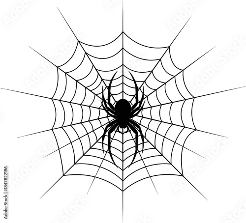 Eerie Black Spider Silhouetted on Intricate Web Design Halloween Graphic Element Spooky Arachnid Art