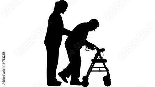 Elderly man with walker assisted by caregiver with transparent background