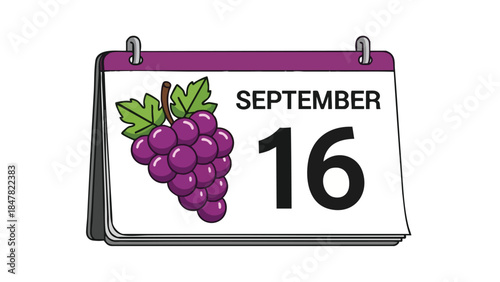 Colorful calendar page illustration showing September 16th with a cluster of purple grapes