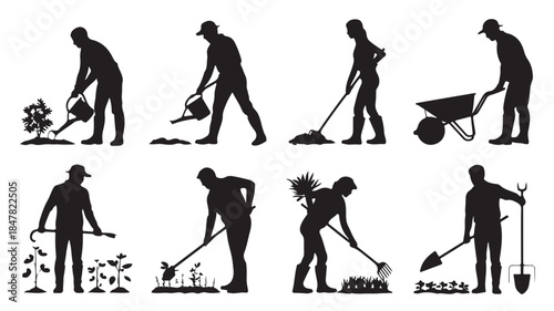 Gardener Silhouettes in Various Gardening Activities with Simple Black Illustrations on White Background for Agricultural Design