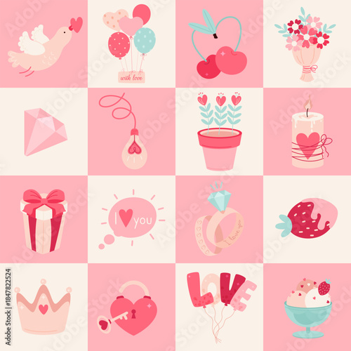 Seamless pattern of romantic elements. Trendy geometric shapes on a pink background. Flat style. Valentine's Day.