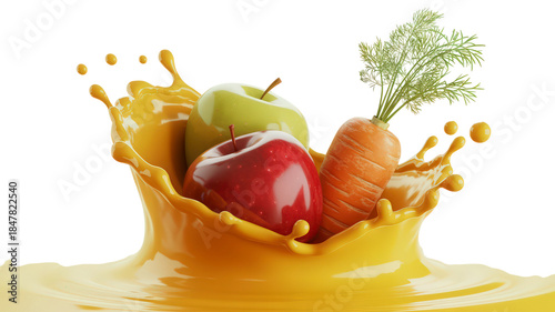 A splash of orange juice with a carrot and two apples in it. The apples are red and green