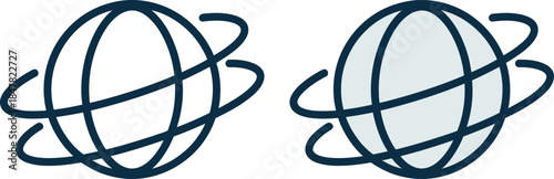 Two abstract globes with orbiting rings symbolizing global connection or science.