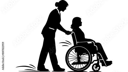 Caregiver assisting person in wheelchair with transparent background