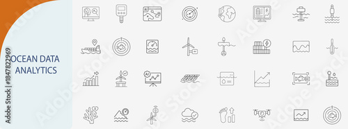 “ocean data analytics icon set, minimal vector design for marine research and environmental monitoring”