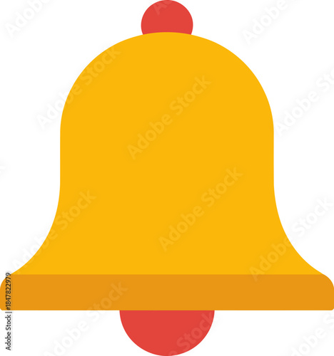 Simple flat design illustration of a bright yellow notification bell icon with a red clapper, symbolizing alerts, reminders, social media updates, or important messages on a dark background.
