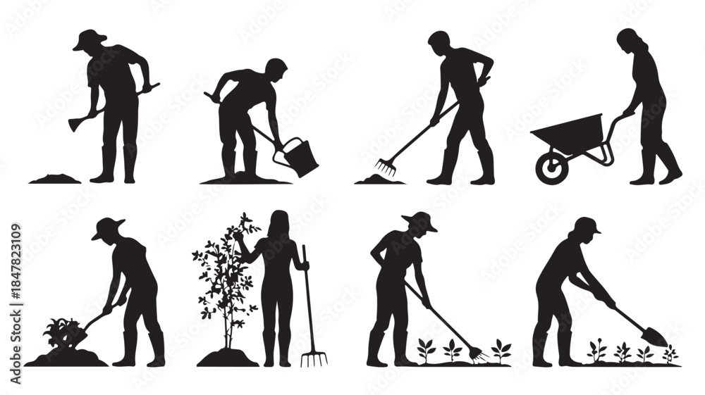 Obraz premium Gardener Silhouettes in Various Gardening Activities with Simple Black Illustrations for Agricultural or Horticultural Use