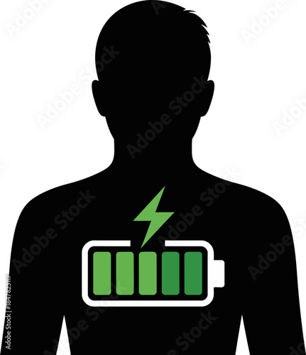 Silhouette of a person with a fully charged battery symbol inside