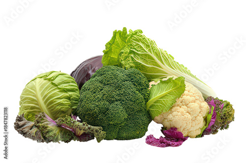 A variety of fresh vegetables, including broccoli, cauliflower, and cabbage, are piled on top of each other