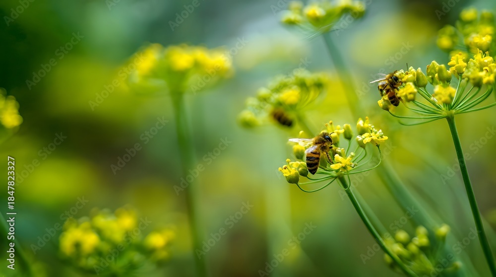 Obraz premium Tiny bees pollinating fresh herb blossoms, showcasing detailed pollen grains against a soft bokeh background.