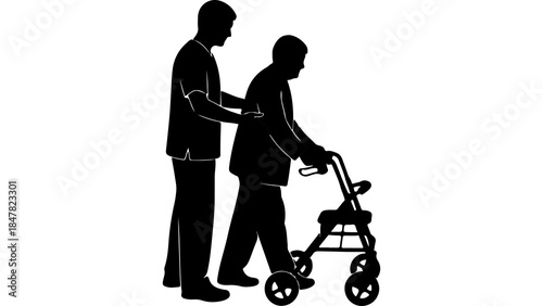 Caregiver assisting senior woman with walker with transparent background