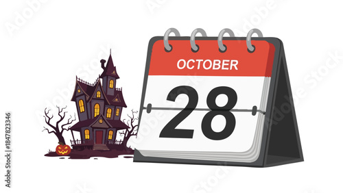 October 28th highlighted next to an eerie haunted mansion, glowing pumpkin, and withered trees, symbolizing early autumn festivities and spooky
