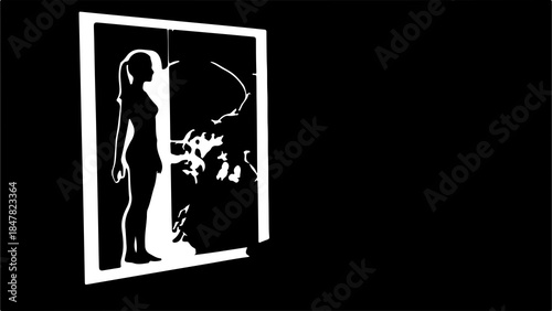 Woman with bow and arrow in rectangular frame with transparent background
