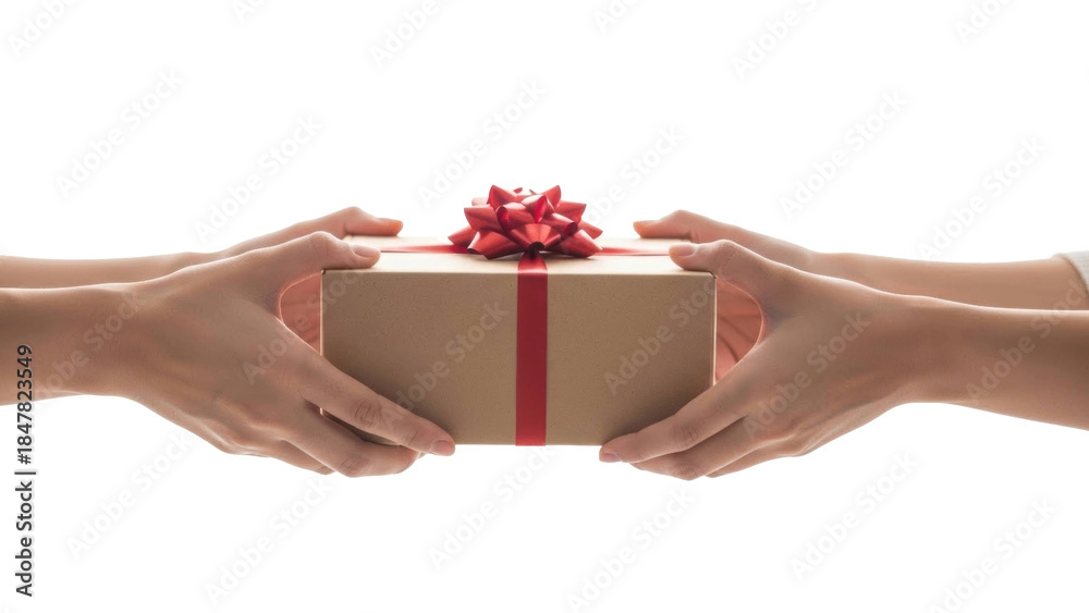 Fototapeta premium Two human hands exchanging a wrapped gift box, featuring brown kraft paper, a vibrant red ribbon, and a festive bow isolated on black.