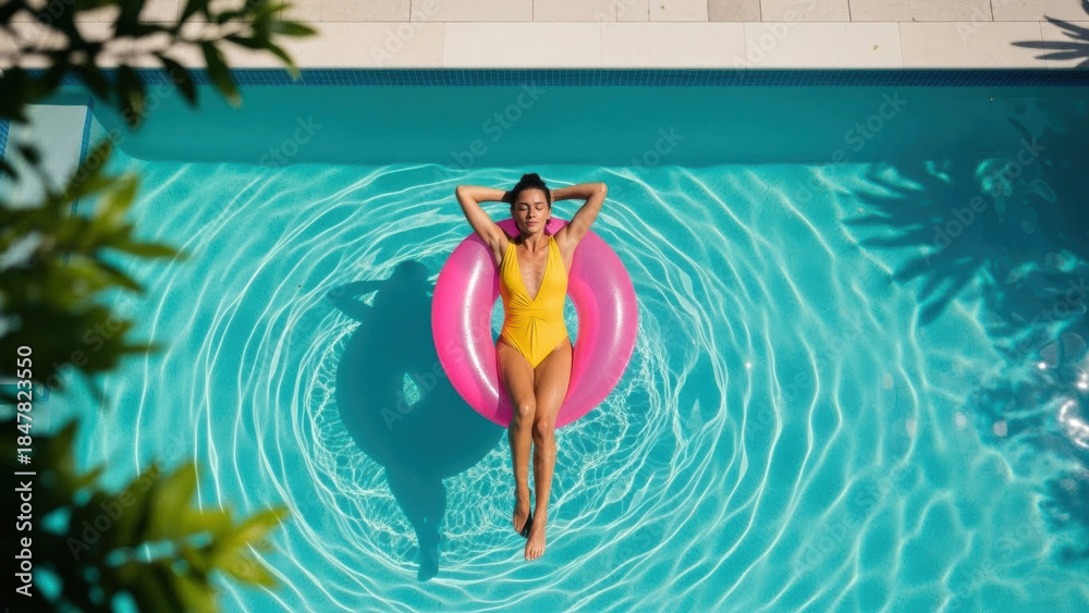 Naklejka premium Top view of a young woman in a yellow swimsuit relaxing on a pink inflatable ring in a sparkling blue swimming pool. She enjoys a sunny summer vacation.