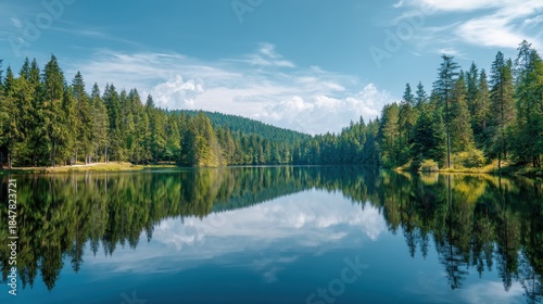 Serene lake with reflection of green forest and blue sky. Calm water surface mirroring nature landscape. Idyllic wilderness scene for relaxation.