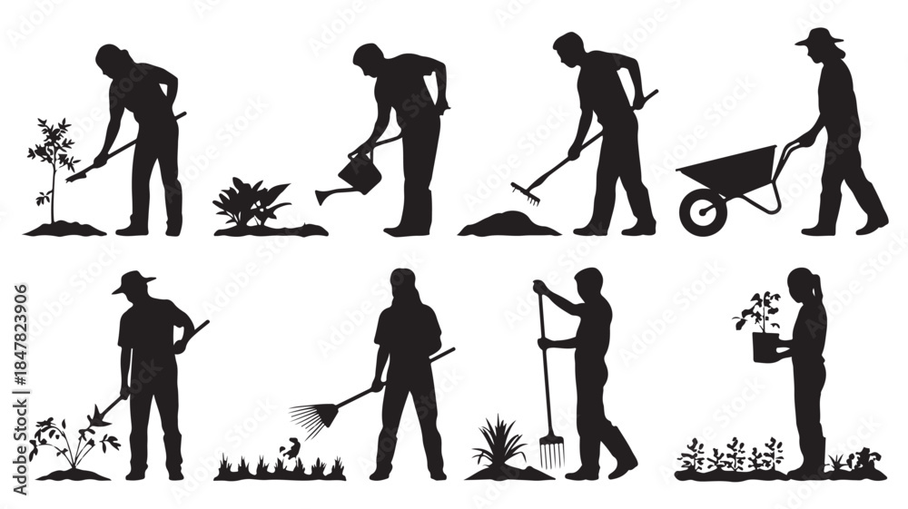 Fototapeta premium Farmer Silhouettes Gardening Activities Black Silhouettes Isolated on White Background for Agricultural Illustration